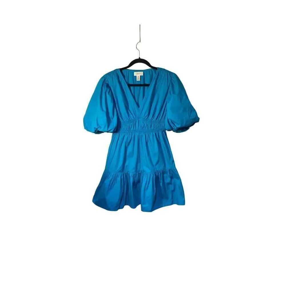 Japna women’s V-neck tiered, mini dress teal blue balloon sleeve med